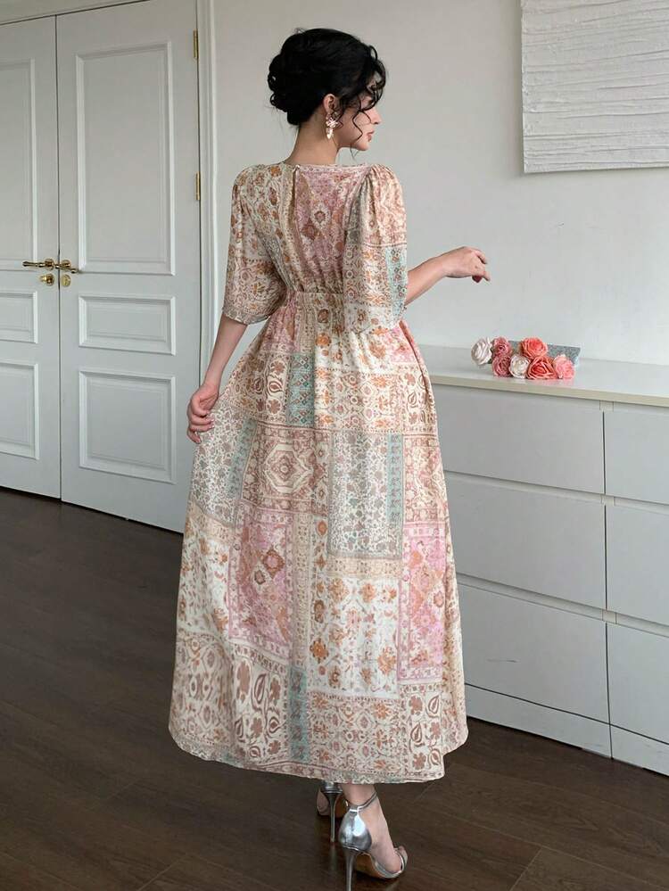 Women's Floral Print Round Neck Petal Sleeve Elegant Vacation Dress