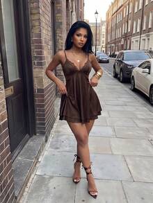 Slaydiva Đầm hai lớp dáng chữ A bằng satin viền ren mùa hè - A - màu nâu - Xem 6