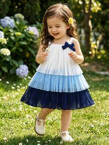 SHEIN Vintaside Kids 女婴时尚可爱无袖百褶蛋糕裙，夏季渐变色吊带设计，适合派对度假 - 寶藍色 - 查看 9