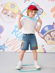 SHEIN | PAW Patrol 1pc Boy Casual Cartoon & Letter Print Denim Shorts, Comfortable Elastic Waist Versatile Jeans Shorts - Blue - View 9