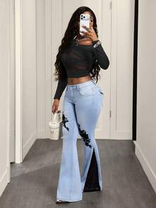 Slaydiva Quần jeans ống loe nữ họa tiết ren hoa có túi - Màu xanh lam - Xem 6
