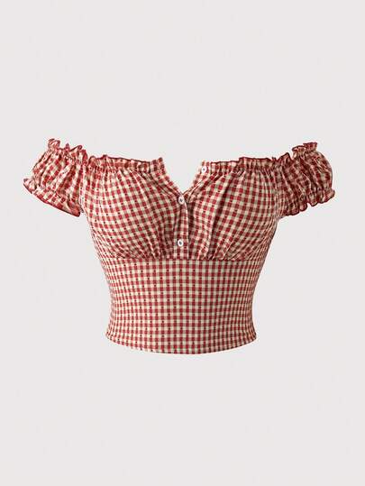 Airaco Plus Size Off-Shoulder Red Jacquard Plaid Shirt, Half-Open Front Casual Top, Casual Elegant Holiday Shirt, Bohemian Off-Shoulder, Suitable For Commuting, Travel, Date, Versatile Ruffle Hem Blouse