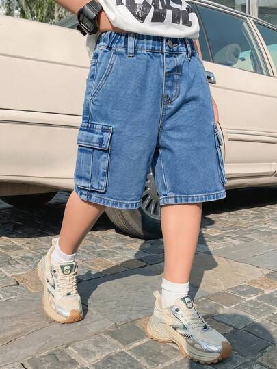 Young Boy Casual Basic Street Cool Fashion New Washed Multi-Pocket Straight Loose Leg Cargo Denim Shorts, 2025 Spring/Summer New, Suitable For Daily Wear,HOT