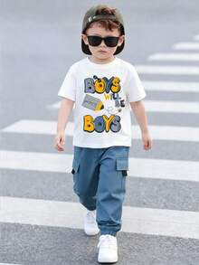 2pcs Boys' Spring/Summer Outfit Set - Printed Black Short Sleeve T-Shirt Paired With Cargo Pants, Casual Versatile - Blue - View 3