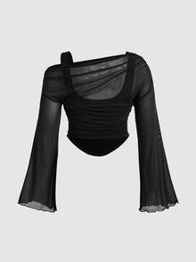 SHEIN MOD Camiseta de punto transparente asimétrica 2 en 1 con hombros asimétricos para tallas grandes - Negro - Ver 2
