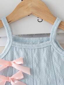 SHEIN Playful Pals 女婴休闲无袖弹力腰短款连体衣，纹理面料，蝴蝶结装饰，粉色，夏季 - 藍色 - 查看 5
