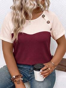 EMERY ROSE Women's Spring/Summer New Arrival Colorblock Design Casual Versatile Plus Size T-Shirt Formal Holiday Burgundy - Multicolor - View 6