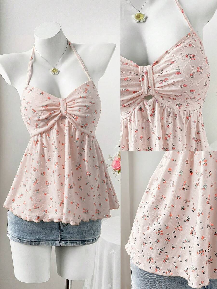 SHEIN Sweetro Áo hai dây dáng ôm họa tiết hoa nhí tươi tắn, đa năng, mới mẻ cho mùa hè. - Hồng - Xem 1