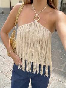 Firerie Elegantes, romantisches, zierliches Damen Strandurlaubs-/Musikfestival-/Party-/Sexy-Top in neuer Mode mit Metalldekor, Quasten, Trägerloses Rückenausschnitt, Aprikose, Strickpullover - Khaki - Übersicht 5