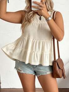 LanaWest CURVE Tank Top Kasual Tanpa Lengan Ukuran Besar Warna Polos Leher Bulat dengan Hem Berkerut - Aprikot - View 4