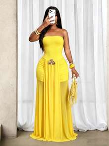 SHEIN BamGlam Summer Women's Beach Casual Vacation Strapless Mesh Patchwork Sheer Dress - Yellow - View 3
