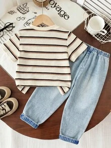 SHEIN 2pcs/Set Young Boy Fashionable Patterned Knit Striped Embroidered Short Sleeve Top With Elastic Waist Washed Denim Pants,Summer,School,Back-To-School - Apricot - View 2