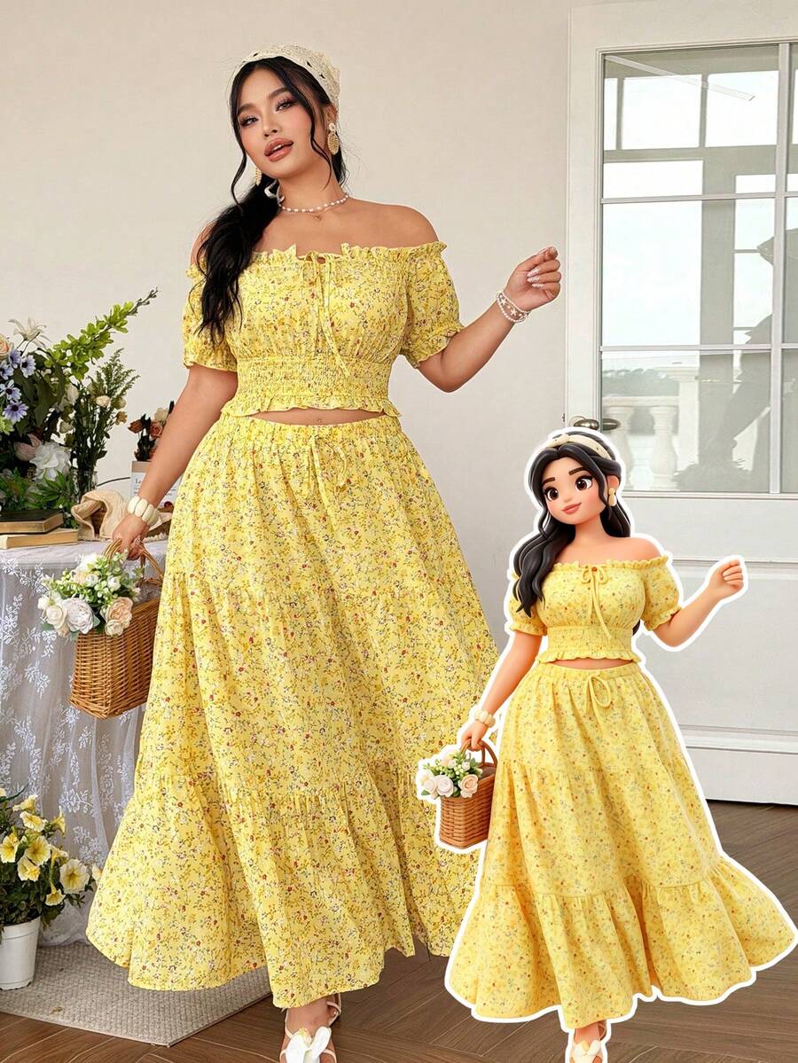 FleurLily Plus Size Women's Summer Yellow Boho Picnic Holiday Ditsy Floral Off-Shoulder Puff Sleeve Shirred Slim Shirt,Layered Ruffle Hem Skirt Two Pieces Set - Yellow - View 1