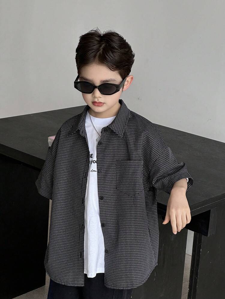 Plaid Lapel Loose Casual Shirt For Big Boys