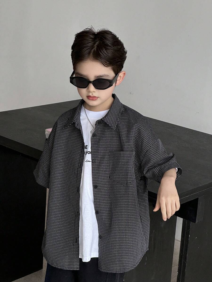 DAZY Plaid Lapel Loose Casual Shirt For Big Boys - Black - View 1
