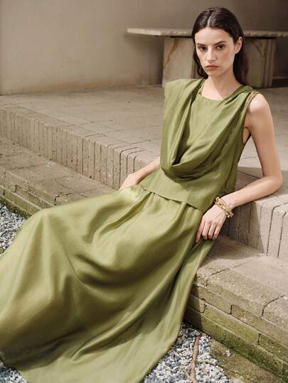 Aveloria Modichic Long Dress A-Line Maxi Fit Textured Chiffon Draped Neckline Sleeveless Cinched Waist With Pockets Elegant Minimalist Old Money Olive Green Vacation Summer Business Professional Women Draped Solid Color Elegant Dresses For Women Old Money Style Women Mother's Day 25-35°C