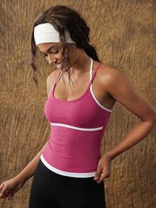 VARSIVA Fashionable And Simple Yoga Black And White Contrast Square Neck Spaghetti Strap Women's Sports T-Shirt & Vest - Hot Pink - View 3