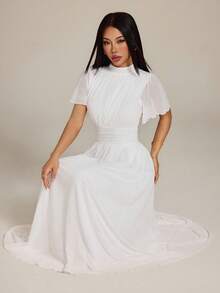 SHEIN PETITE 女士优雅浪漫高腰A字荷叶边连衣裙，立领喇叭袖，适合通勤、海滩、度假等场合，白色端庄长款连衣裙，婚礼宾客礼服 - 白色 - 查看 4