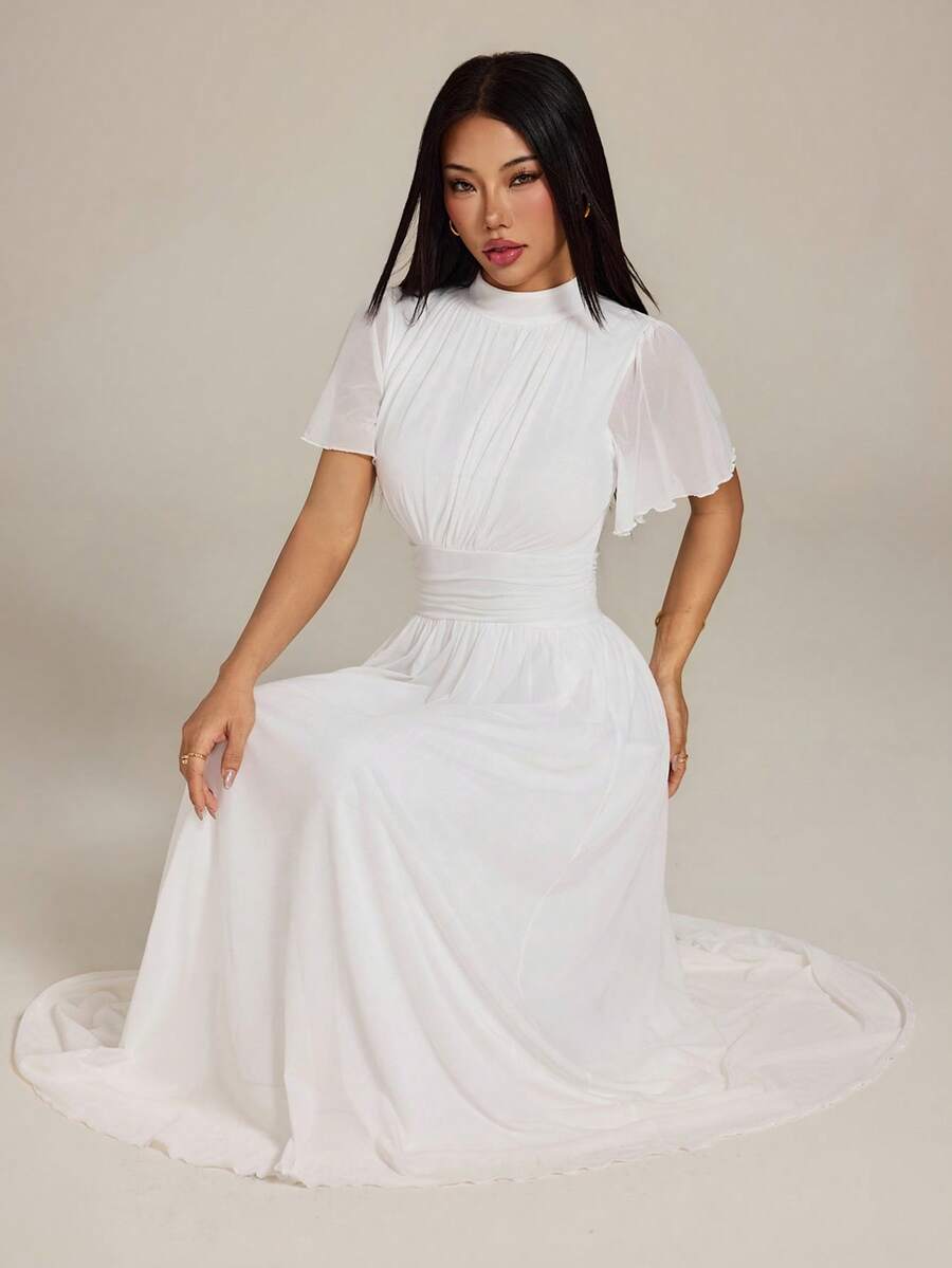 SHEIN PETITE Đầm maxi nữ thanh lịch, lãng mạn, cạp cao, dáng chữ A, cổ đứng, tay loe, thích hợp đi làm, đi biển, đi nghỉ mát, màu trắng kín đáo, thích hợp dự tiệc cưới. - trắng - Xem 1
