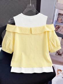 Elladie kids Tween Girl Striped Fashionable Cold Shoulder Top, 2 In 1 Contrast Color Shirt - Yellow - View 2