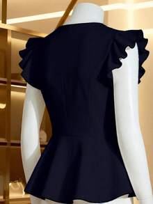 Franclia 女士优雅日常通勤简约纯色V领荷叶边袖口修身衬衫，夏季 - 藏蓝色 - 查看 4