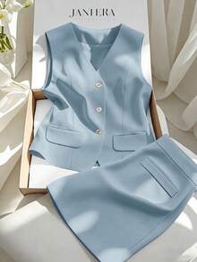 Franclia Women's Elegant Commuter Vest & Skirt Suit Set - Baby Blue - View 4