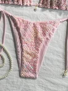 Costavie 2 piezas Conjunto de bikini halter con textura y cuentas florales, azul, para vacaciones de primavera/verano en la playa - Multicolor 2 - Ver 4