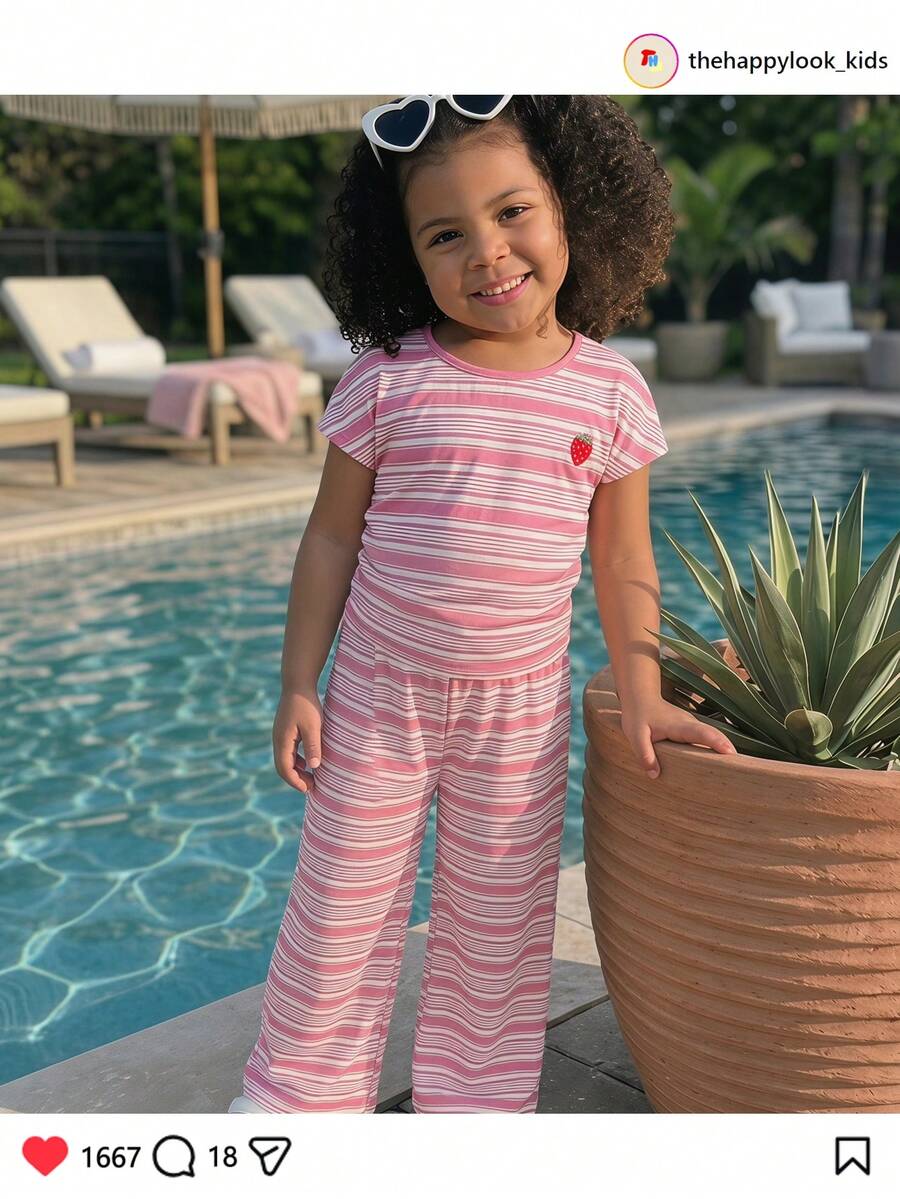 THE HAPPY LOOK Young Girl Light Pink Striped Knit Strawberry Embroidered Short Sleeve Top & Matching Pants Set,Summer Family Vacation Holiday Casual Elegant Outfit - Multicolor - View 1