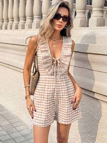 SHEIN PariChic Bộ jumpsuit nữ kiểu Pháp cổ điển mới, họa tiết hoa, viền bèo nhún, tôn dáng, thích hợp cho kỳ nghỉ. - Màu Khaki - Xem 7