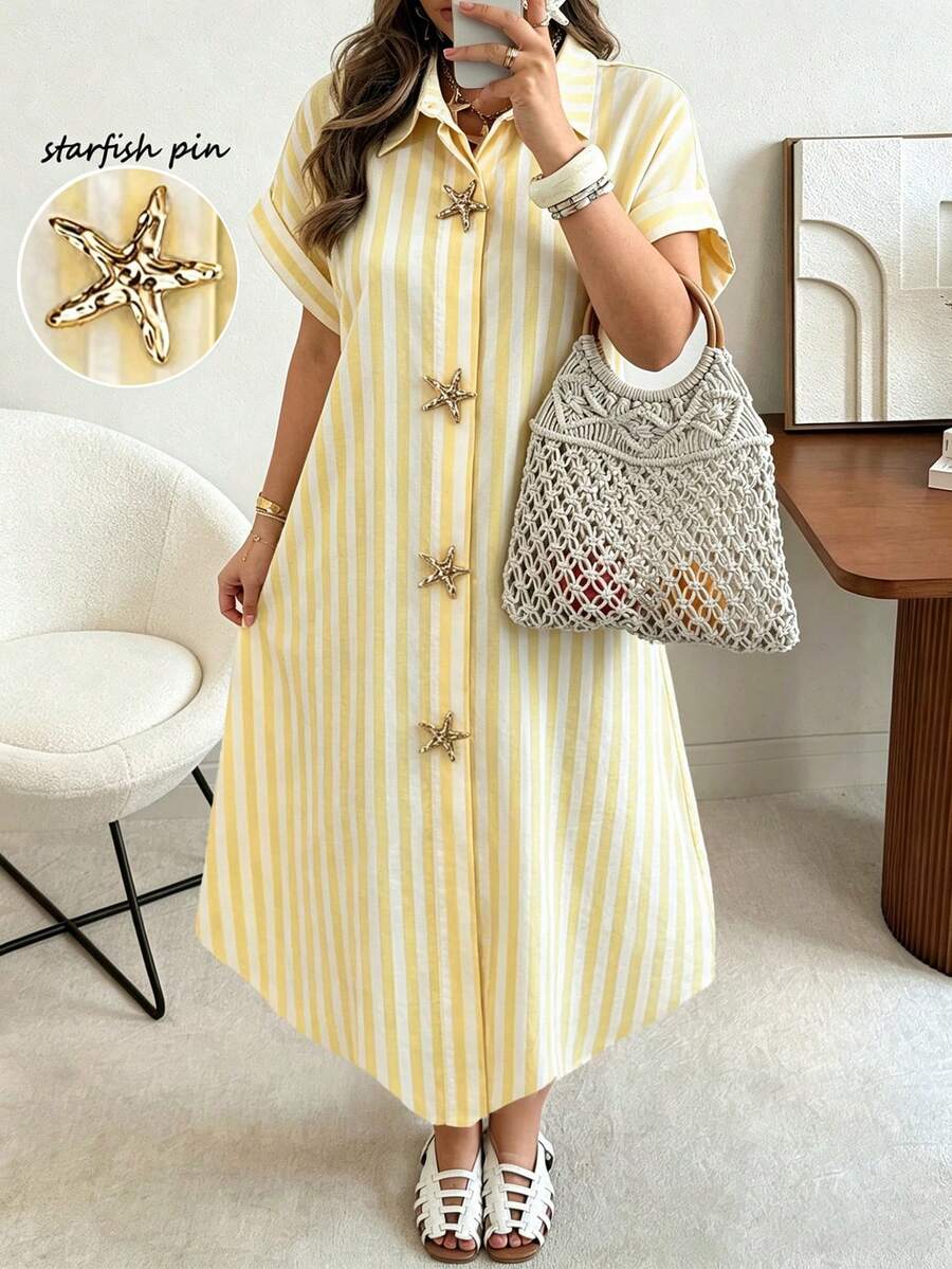Ceyna Plus Size Women's White Summer Holiday Tea Party Holiday Striped Shirt Dress,Starfish Metal Button Double Placket Raglan Sleeve Asymmetric Hem Maxi - Multicolor - View 1