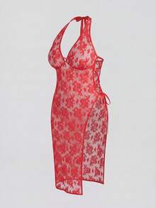 Spicy Aura Vestido largo transparente de talla grande con encaje, parches, abertura alta, cruzado y escote profundo en V - Rojo - Ver 3