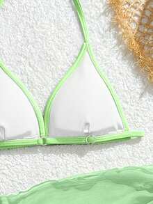 SHEIN Bộ đồ bơi 3 món màu đen dành cho bé gái tuổi teen, thích hợp cho kỳ nghỉ biển, tiệc tùng, mùa xuân/hè. - màu xanh lá - Xem 4