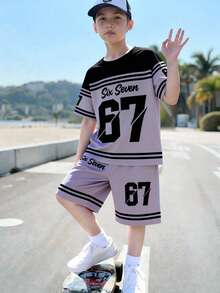 2pcs/Set Tween Boy Casual Creative Graphic Number 67 Striped T-Shirt And Shorts Outfit, Comfortable Daily Wear For Spring, Summer & Autumn - Multicolor - View 3
