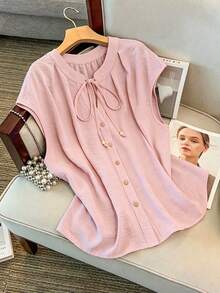 GlowEve CURVE Plus Size Women Elegant Solid Color Round Neck Contrast Color Single-Breasted Drawstring Tank Top Sleeveless Brunch Dusty Pink Summer - Baby Pink - View 3