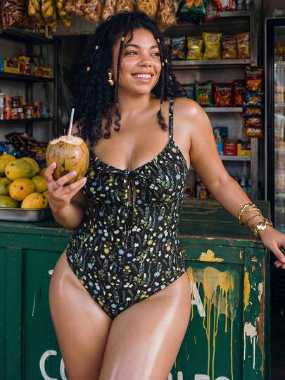 Swim Mod Plus Size Women Ditsy Floral Tie Front Fashionable One-Piece Swimsuit