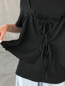 FRIFUL 女士两件套系带连衣裙，宽松圆领短袖，蝴蝶结褶皱荷叶边装饰，夏季款 - 黑色 - 查看 3