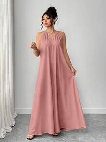 SHEIN Tall CURVE 永不过时的古怪优雅系列（忧郁气质）（周三美学）大码女式编织休闲露背宽松黑色连衣裙，适合高个子 - 珊瑚粉 - 查看 3