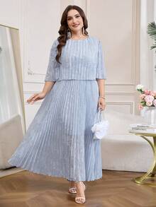 SHEIN Clasi Đầm voan xếp ly thanh lịch mùa hè cho nữ size lớn, đầm dạ hội sang trọng màu xanh da trời cho khách mời đám cưới, trang phục lễ hội mùa xuân, đầm Abaya Jalabiya dáng dài - Màu xanh lam - Xem 4