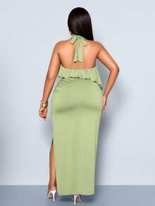SOLERSUN Vestido de mujer talla grande con cuello halter y drapeado en un solo color - Adecuado para varias ocasiones. - Verde - Ver 3