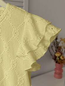 SHEIN Tween Girls Pale Yellow Textured Woven Round Neck Ruched Ruffle Trim Flutter Sleeve Fitted Cute Top,French Elegant Summer Vacation,Tea Party For Kids - Yellow - View 6