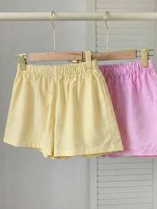 2pcs Celana Pendek Lurus Bergaris Tenun Gaya Jalanan Kasual untuk Anak Perempuan Remaja - MultiWarna - View 3