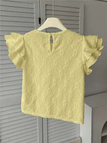 SHEIN Tween Girls Pale Yellow Textured Woven Round Neck Ruched Ruffle Trim Flutter Sleeve Fitted Cute Top,French Elegant Summer Vacation,Tea Party For Kids - Yellow - View 10
