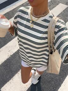 Muchica Plus Size Summer Casual Business Casual Mom White Crew Neck Short Sleeve T-Shirt Back-To-School Vacation Office - Multicolor - View 1