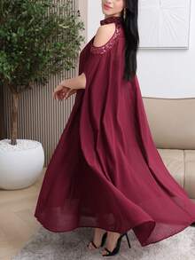 Modelyn 女士立领露肩亮片拼接褶皱休闲派对连衣裙 - 酒紅色 - 查看 4