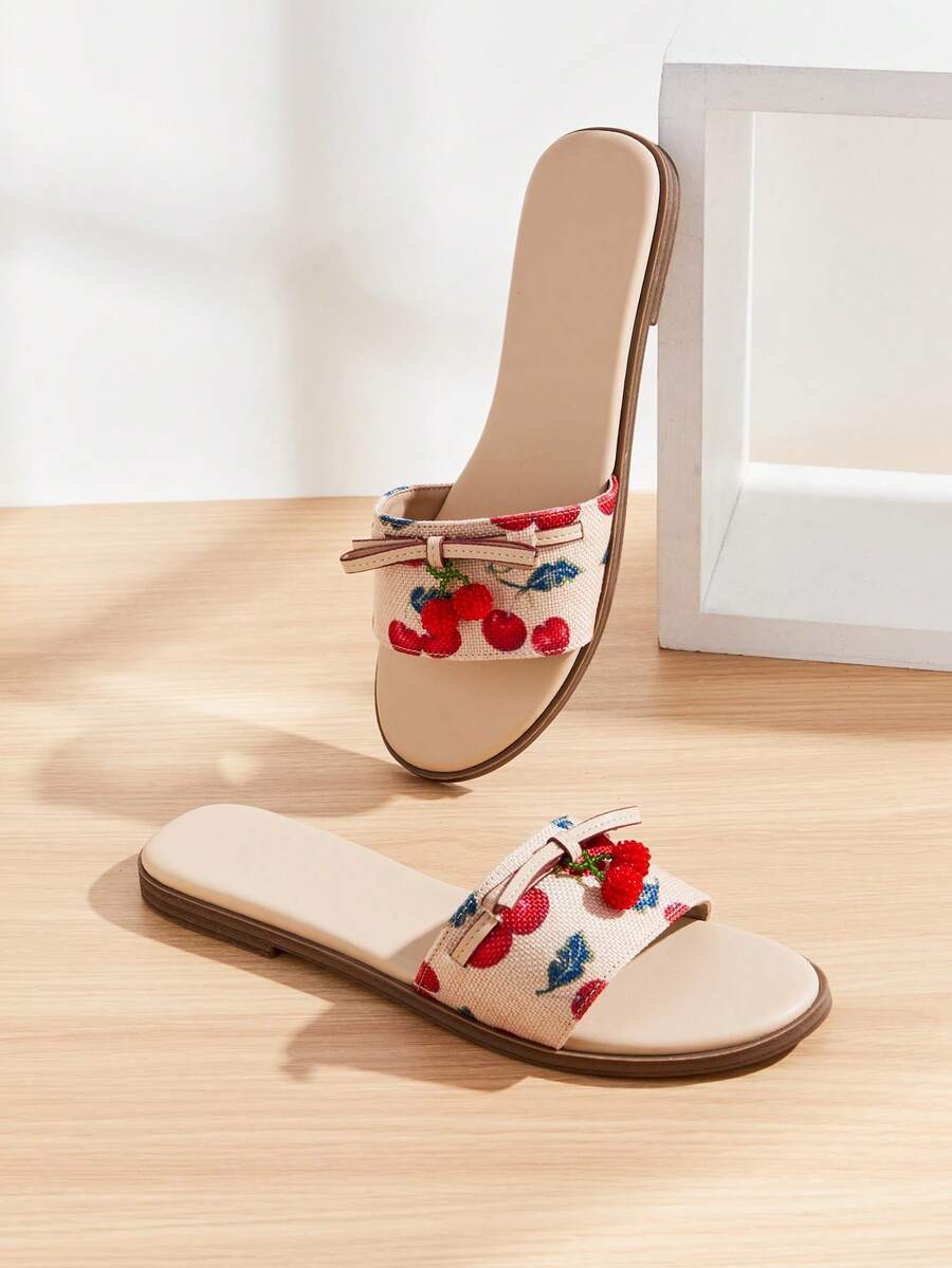 Solezae Women Cherry Fruit Print Slip-On Open Toe Everyday Summer Dreamy Cute PU Flat Sandals - Multicolor - View 1