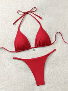 Soleia Women's Solid Color Swimwear Set For Vacation & Beach - Red - View 3