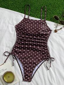 Swim Mod 女士休闲复古时尚沙滩度假户外夏季性感百搭波点/经典圆点随机印花系带露背修身连体泳衣，适合春假、返校季、假期、春季海滩度假 - 彩色 - 查看 5