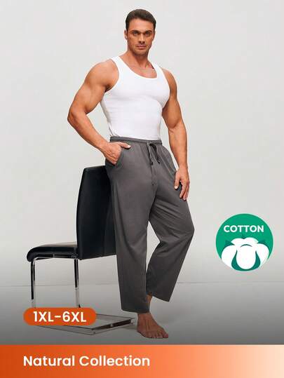 LUVLETTE Plus Size Spring And Summer Men Gray Basic Soft 100% Pure Cotton Sleep Bottoms Lounge Pants Lingerie As Outerwear Airy Pajama Pants Fall Pyjama Cotton Pajamas