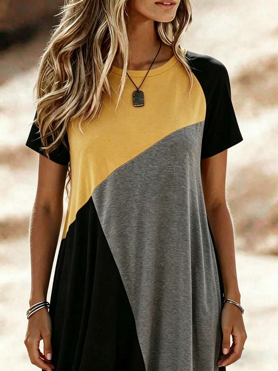 EMERY ROSE Plus Size Colorblock Round Neck Casual Daily Short Sleeve Dress - Yellow - View 1