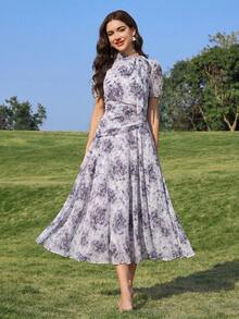 Modelyn Đầm nữ thanh lịch in hoa, cổ xoắn, eo nhún, thích hợp cho mùa hè. - Màu tím - Xem 7